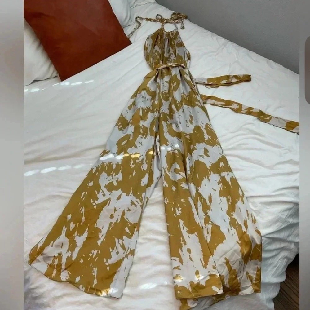 Aakaa Mustard & White Halter Jumpsuit with Chain Detail